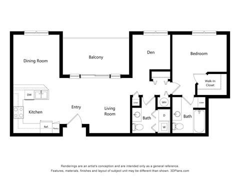 Floor plan for 1 bed, 1.5 baths, 906 sqft